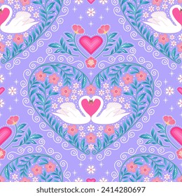 blue love valentine white swan seamless pattern. heart botanical floral print. good for fabric, fashion design, card, wallpaper, textile, bedding, pajama, background.