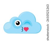 Blue lover Emoji Cloud with blows a kiss with heart. Design element for children weather forecast. Funny kids icon. Simple cartoon vector element isolated on white background