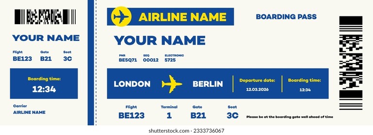 Blue low cost airline boarding pass template. Airplane ticket mock up includes all basic flight information like passenger name, gate, seat, date, time of flight etc. Vector mock-up illustration.