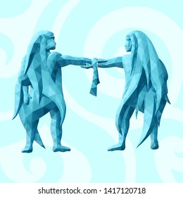 Blue low poly illustration with gemini silhouettes on the beautiful background