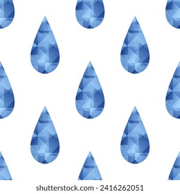 Blue low poly raindrops on white background. Vector seamless pattern.