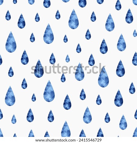Blue low poly raindrops on white background. Vector seamless pattern.