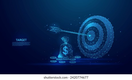 Blue low poly style abstract illustration of arrow hitting target and coin bag illustration. describes successful financial goals. Suitable for concepts related to business and finance.