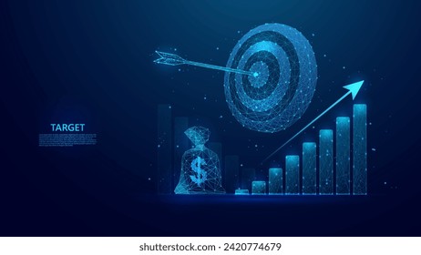 Blue low poly style abstract illustration of arrow hitting target and expanding graphic illustration. describes successful financial goals. Suitable for concepts related to business and finance.