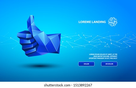 Blue low poly thumb up symbol. Vector Technology Background for Landing Page Template.