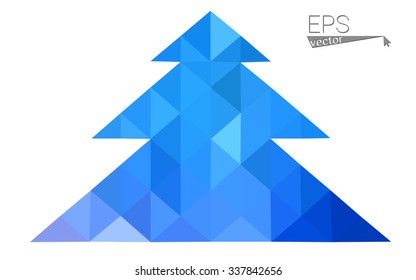 Blue low polygon style christmas tree vector illustration consisting of triangles . Abstract triangular polygonal origami or crystal design of New Years celebration. Isolated on white background.