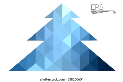 Blue low polygon style christmas tree vector illustration consisting of triangles . Abstract triangular polygonal origami or crystal design of New Years celebration. Isolated on white background.