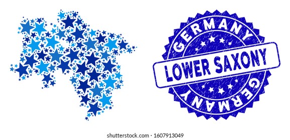 Blue Lower Saxony Land map collage of stars, and distress rounded stamp seal. Abstract territorial plan in blue color tints. Vector Lower Saxony Land map is designed of blue stars.