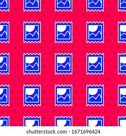 Blue LSD acid mark icon isolated seamless pattern on red background. Acid narcotic. Postmark. Postage stamp. Health danger.  Vector Illustration