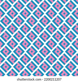 Blue L-shaped interlaced pattern on white background. Blue and pink interlocking pattern on white backdrop.