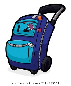 Blue luggage with smiling gesture and winking at you, ready for adventures in a new trip.