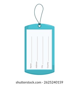 Blue luggage tag hanging on string with space for information like name, address, city and country