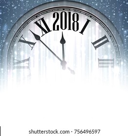 Blue luminous 2018 New Year background with clock. Vector illustration.