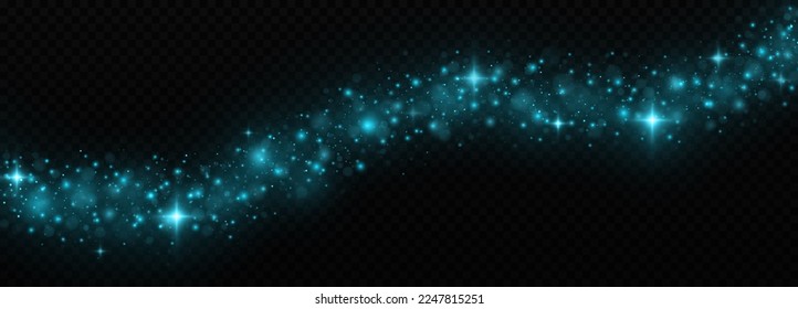 Blue luminous dust with colorful lights bokeh. Christmas trail concept. Abstract glowing lights isolated on transparent background. 