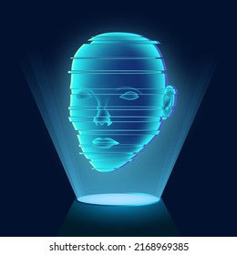 Blue luminous hologram with a human face on a dark background. Glitch effect. Virtual or augmented reality. Artificial digital human head