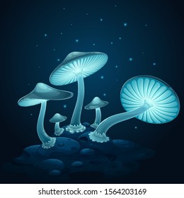 
Blue luminous mushrooms on a hummock, in the dark, blue lights fly around. Vector illustration