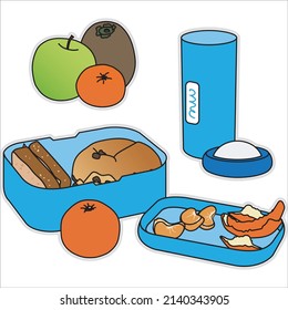 Blue lunchbox with bread, blue drinking cup with lid, apple, kiwi and mandarins