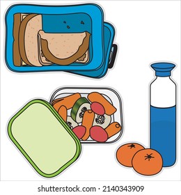Caja de almuerzo azul con pan, botella de agua azul con mandarinas, recipiente blanco con verduras y tapa verde, zanahoria, tomate, pepino