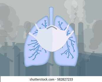 Blue lungs dressed in protective mask. Air pollution. Smog. smoke in the background. Protect lungs. Vector