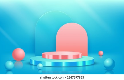 Blue luxury 3D Podium. Blank scene background with paper cut style. Blank podium, suitable for product presentation, mock up, show product, stage pedestal or platform. 3D Vector