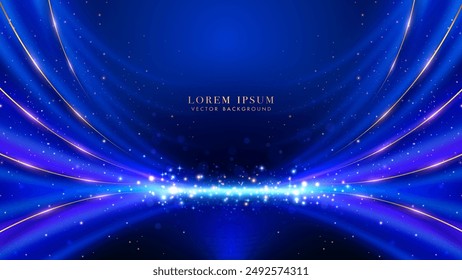 Blue luxury background decoration with golden line, glowing curved light ray effect, and bokeh. Vector illustration