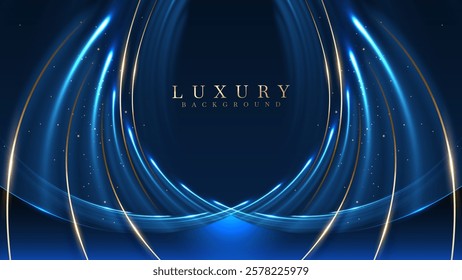 Blue luxury background with effect Glowing with bokeh and golden curves, this elegant backdrop design concept is ideal for product promotions and award ceremonies.