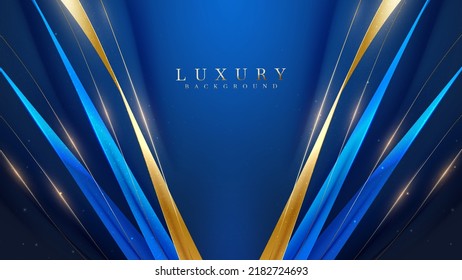 Blue luxury background with gold ribbon decoration and glitter light effect elements.