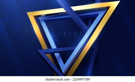 Fondo de lujo azul con decoración de marco triangular dorado y efecto luminoso con elementos de color.