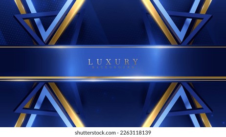 Blue luxury background with gold triangle frame decoration and light effect with bokeh elements.