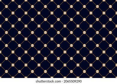 Blue luxury background with golden chains and pearl beads. Vector illustration. 