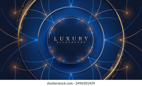 Blue luxury background with golden circular frame in the middle decorated with abstract line pattern.