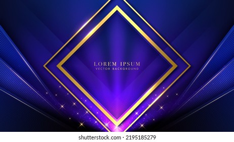 Blue luxury background with golden frame elements, shine dots effect and glitter light effect decoration. Elegant style design template concept. Vector illustration