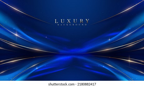 Blue luxury background and golden line decoration   curve light effect and bokeh elements 