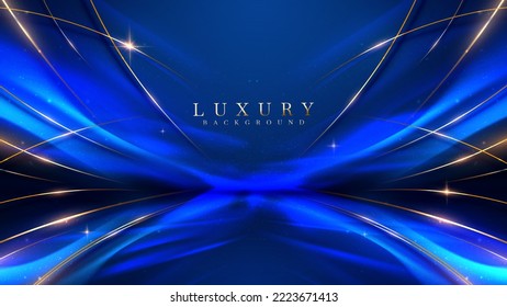 Blue luxury background with golden line decoration and curve light effect with bokeh elements.