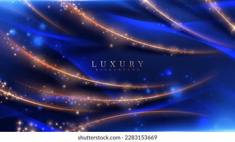 Blue luxury background with golden line decoration and curve light effect with bokeh elements.