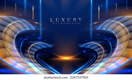 Blue luxury background with golden line decoration and curve light effect with bokeh elements. Modern art elegant dark scene.