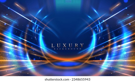 Blue luxury background with golden line decoration and curve light effect with bokeh elements. Modern art elegant dark scene.