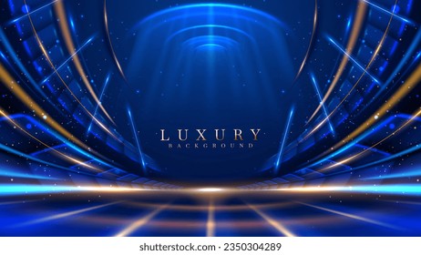 Blue luxury background with golden line decoration and curve light effect with bokeh elements. Modern art elegant dark scene.