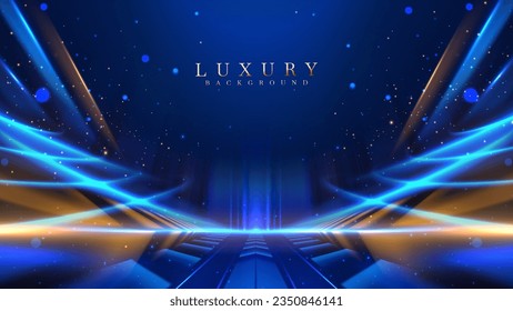 Blue luxury background with golden line decoration and curve light effect with bokeh elements. Modern art elegant dark scene.