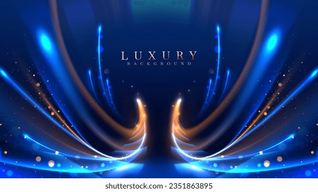 Blue luxury background with golden line decoration and curve light effect with bokeh elements. Modern art elegant dark scene.