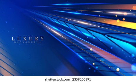 Blue luxury background with golden line decoration and curve light effect with bokeh elements. Modern art elegant dark scene.