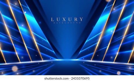 Blue luxury background with golden line decoration and curve light effect with bokeh elements. Modern art elegant dark scene.