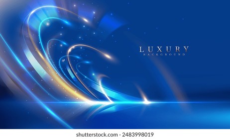 Blue luxury background with golden line decoration and curve light effect with bokeh elements. Modern art elegant dark scene.