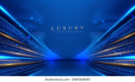 Fondo de lujo azul con decoración de línea dorada y efecto de luz curva con Elementos bokeh. Arte moderno escena oscura elegante.