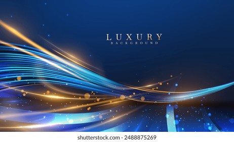 Blue luxury background with golden line decoration and curve light effect with bokeh elements. Modern art elegant dark scene.