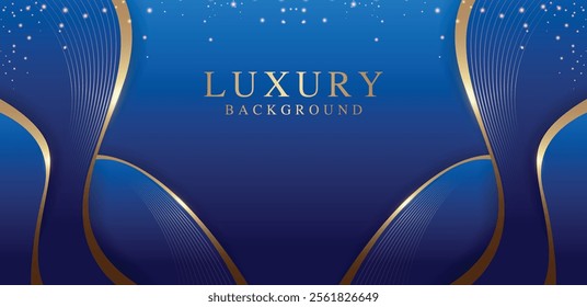 Blue luxury background with golden line decoration and curve light effect. Modern art elegant dark scene. 