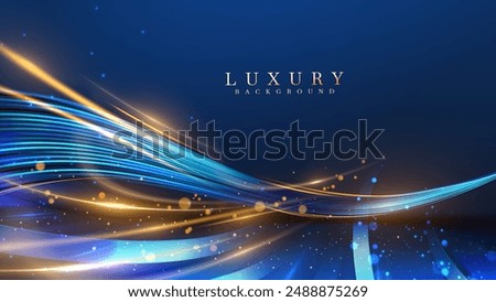 Blue luxury background with golden line decoration and curve light effect with bokeh elements. Modern art elegant dark scene.