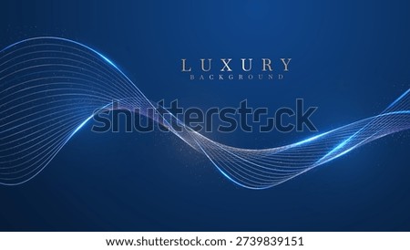 Blue luxury background with golden line neon decoration and curve light effect with glitter elements. Modern art elegant dark scene.