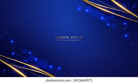 Blue luxury background with golden lines, glitter light effect and bokeh decoration. Vector illustration