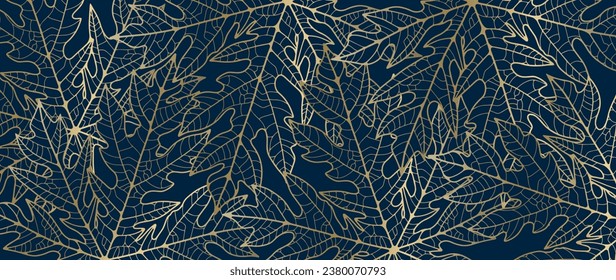 Blue luxury background with golden unusual leaves. Vector botanical background for decor, wallpaper, covers, cards and presentations.